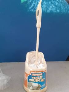 lot 557 image: Superio Toilet Brush and Holder,Toilet Bowl Cleaning System with Scrubbing Wand, Under Rim Lip Brush and Storage Caddy for Bathroom, White and Blue - Retail $17