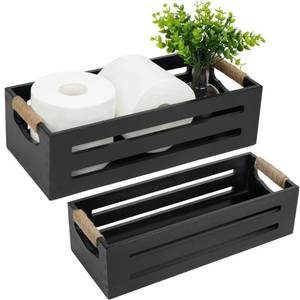 lot 559 image: LotFancy Bathroom Decor Box, 2 Pack Toilet Tank Topper Basket, Wooden Bathroom Basket, Back of Toilet Storage Basket, Black Farmhouse Toilet Paper Holder - Retail $25