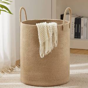 lot 569 image: Jute Rope Laundry Hamper Basket by YOUDENOVA, 58L Tall Laundry Basket, Baby Nursery Hamper for Blanket Storage for Bedroom-Large-Jute - Retail $21