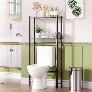 lot 572 image: AmazerBath Bamboo Over The Toilet Storage Shelf, 2-Tier Over Toilet Bathroom Organizer Rack, Bathroom Shelves Over Toilet Space Saver, Espresso - Retail $50