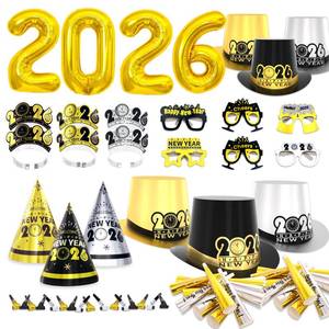 lot 574 image: New Years Eve Party Supplies 2026 for 24 Guests, Happy New Years Decorations Party Favors Includes Top Hats, Tiaras, Glasses Accessories for Adults Kids Nye Decorations 2026 - Retail $30