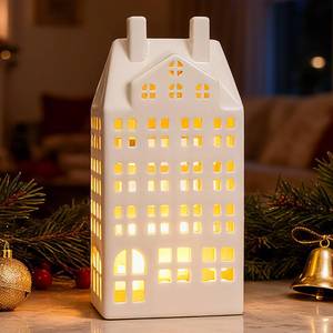 lot 579 image: DN DECONATION Light Up Christmas Decor Village Sets, White Ceramic House with Lights, Modern Christmas Town Building Decorations, Winter Porcelain Village Xmas Decor for Tabletop Centerpiece Inside - Retail $39