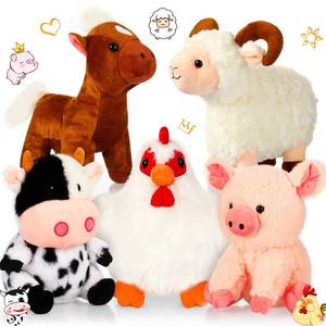 lot 61648 image: 5 Pack Farm Plush Animals Set 10 Inches Farm Stuffed Animals Barnyard Stuffed Toys Soft Pig Rooster Horse Sheep Cow Plush Toy for Birthday Party Favor Home. MISSING THE COW. - Retail $35