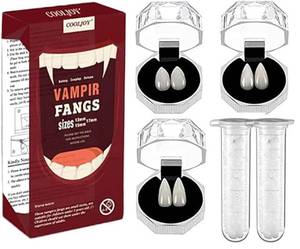 lot 61651 image: 3 Sizes Vampire Fangs Teeth with Adhesive Halloween Cosplay Props White Horror False Teeth Props Party Favors Masquerade Accessories Gift - Retail $8