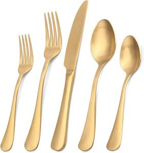 lot 61664 image: SHARECOOK Satin Finish 40-Piece Stainless Steel Flatware Set, Matte Gold Silverware, Dishwasher Safe - Retail $46