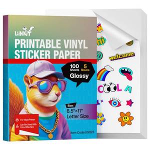 lot 61665 image: Premium Printable Vinyl Sticker Paper for Inkjet Printer Cricut, included 100 Sheets Glossy and 5 Sheets Transparent Label Waterproof Adhesive Dries Quickly Tear-Resistant, Removable - Retail $14