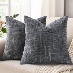 lot 61675 image: Spring Dark Grey Chenille Euro Sham Throw Pillow Covers 24x24 Set of 2 Textured Soft Cozy Slubby Couch Pillow Covers Modern Farmhouse Boho Decorative Pillow Cases for Bed Sofa Living Room - Retail $27