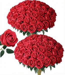 lot 61692 image: 50 PCS Red Roses Artificial Flowers, Fake Red Rose Bouquet, Artificial Silk Red Roses with Stems for DIY Wedding Flowers Decoration, Valentines Day Mothers Day, Bridal Bouquet Roses - Retail $29