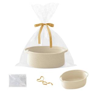 lot 61693 image: Small Woven Rope Basket-Empty Gifts Basket with Bag and Ribbons, Cute Handle Organizer Box for BirthdayBaby Shower, Toy Storage, Nursery Organizing & Shelf Decor(Cream) - Retail $13