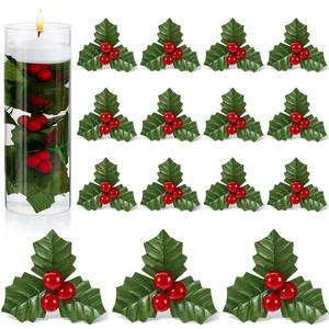 lot 61719 image: 50 Pcs Christmas Holly Berries for Crafts Faux Berries Flowers and Holly Leaves Christmas Wreath Fillers for Vase Fillers Floating Candle Table Centerpiece (Red) - Retail $17