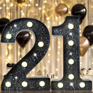 lot 61736 image: 8.8 Decorative LED Light Up Numbers, Glitter Marquee Numbers Lights for 21st Birthday Decorations, Shiny Lighted Number Sign for Birthday Party Wedding Anniversary Home Decor, Glitter Black 21