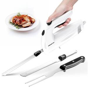 lot 61764 image: Electric Knife for Carving Meat, Turkey, Bread, 150W Electric Knife Set with 2 Serrated Stainless Steel Blades & Serving Fork for Slicing Poultry, Ham & More, Ergonomic Handle & Safety Lock - Retail $33