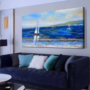 lot 18384 image: Ardemy Blue Abstract Canvas Wall Art for Living Room Sailboat Large Wall Decor Painting Picture Bedroom Textured Nautical Navy Blue Seascape Artwork Art for Home Office,48x24