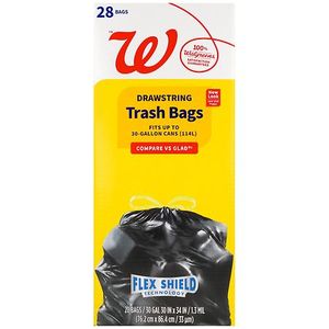 lot 18416 image: Walgreens Drawstring Trash Bags, Flex Shield Technology Black - 30-Gallon 28.0 ea