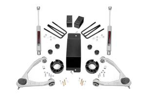lot 18457 image: Rough Country 3.5 Lift Kit with Strut SpacersN3 Rear Shocks for Chevy Silverado & GMC Sierra 1500 (2007-2016) - Silver Control Arms