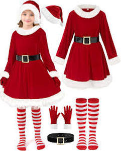 lot 18404 image: Kids Girls Santa Dress - Mrs Claus Costume Christmas Outfit with Belt Socks Hat Gloves