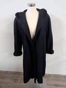 lot 184 image: Black Long Wool Coat with Faux Fur Trim