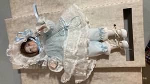lot 2010 image: Collectible Porcelain Doll in Blue and White Lace Dress