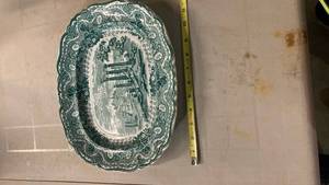 lot 2077 image: Green Transferware Oval Platter with Castle Scene