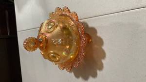 lot 2120 image: Carnival Glass Candy Dish with Lid one leaf is broken off