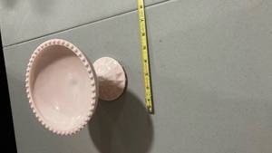 lot 2139 image: Pink Milk Glass Pedestal Bowl with Beaded Edge