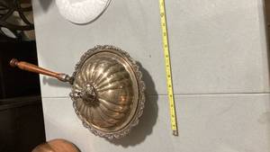 lot 2156 image: Ornate Silver Plated Serving Dish with Wooden Handle