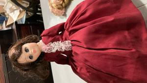 lot 2196 image: Porcelain Doll in Burgundy Dress