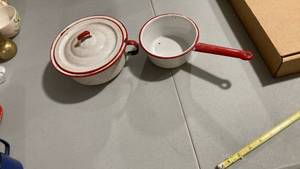 lot 2199 image: Red and White Enamelware Cookware Set