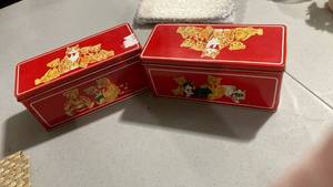 lot 2298 image: Red Metal Storage Tin with Bear Decorations