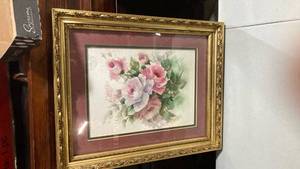 lot 2308 image: Framed Pink Roses Watercolor Painting frame 13 x 16