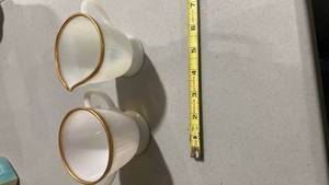 lot 2312 image: White Milk Glass Bowls with Gold TrimCreamer and sugar dish