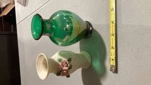 lot 2315 image: Decorative Vase Set - Green Glass and Porcelain Rose