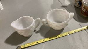 lot 2327 image: White Milk Glass sugar�� bowl, and creamer
