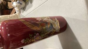 lot 2364 image: Japanese Burgundy Lacquer Vase with Gold Birds