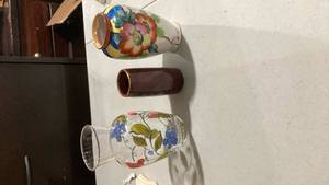 lot 2380 image: Hand Painted Floral Glass vases