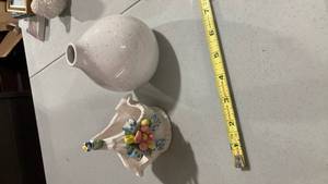 lot 2403 image: IKEA White  round vase and ceramic basket with Flowers