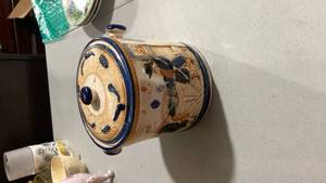 lot 2503 image: German Salt Glazed Pottery Crock with Blue Details lid has been repaired