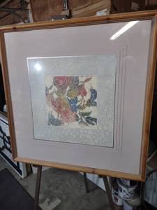 lot 3921 image: Framed Floral Woodblock Print Artwork