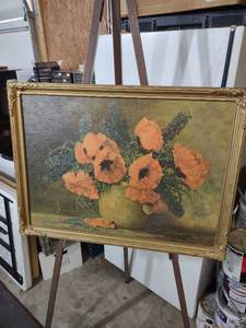 lot 3928 image: Orange Poppies Still Life Oil Painting with Gold Frame