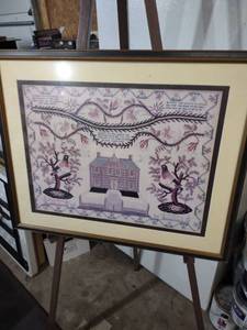 lot 3933 image: Framed Colonial House Needlework with Birds