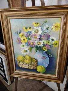 lot 3936 image: Floral Still Life with Green Apples Oil Painting