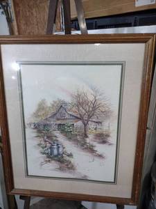 lot 3938 image: Country Barn with Milk Cans Art Print