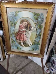 lot 3945 image: Victorian Child and Saint Bernard Print in Ornate Gold Frame