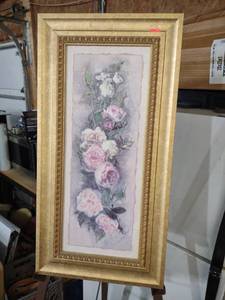 lot 3956 image: Pink Roses Floral Wall Art in Gold Frame