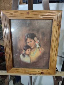 lot 3965 image: Native American Art Print in Rustic Wood Frame