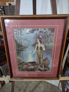 lot 3972 image: 1920s Native American Maiden Print in Wood Frame