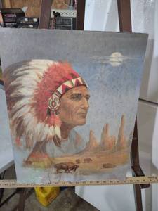 lot 3976 image: Native American Plains Art with Buffalo Scene has water damage on bottom