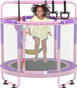 lot 3103 image: LANGXUN 60 Trampoline for Kids, 5ft Toddler Mini 6-in-1 Trampoline Indoor Outdoor with Swing, Basketball Hoop, Dart Board, Rings, Christmas Toys Birthday Gifts for Girls Boys
