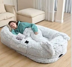 lot 3105 image: YAEM Human Dog Bed Fits You and Pets for People Doze Off, Washable Faux Fur Napping Orthopedic Dog Bed, Present Plump Pillow, Blanket, Strap-Grey, 71x45x12