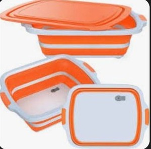 lot 3111 image: 2-Pack XL Collapsible BBQ Prep Tub with Built-In Cutting Board, Lid &amp Strainer &nbspMarinate, Drain &amp Prep &nbspLarge Food-Safe Container Perfect for Grilling, Smoking &amp Outdoor Cooking